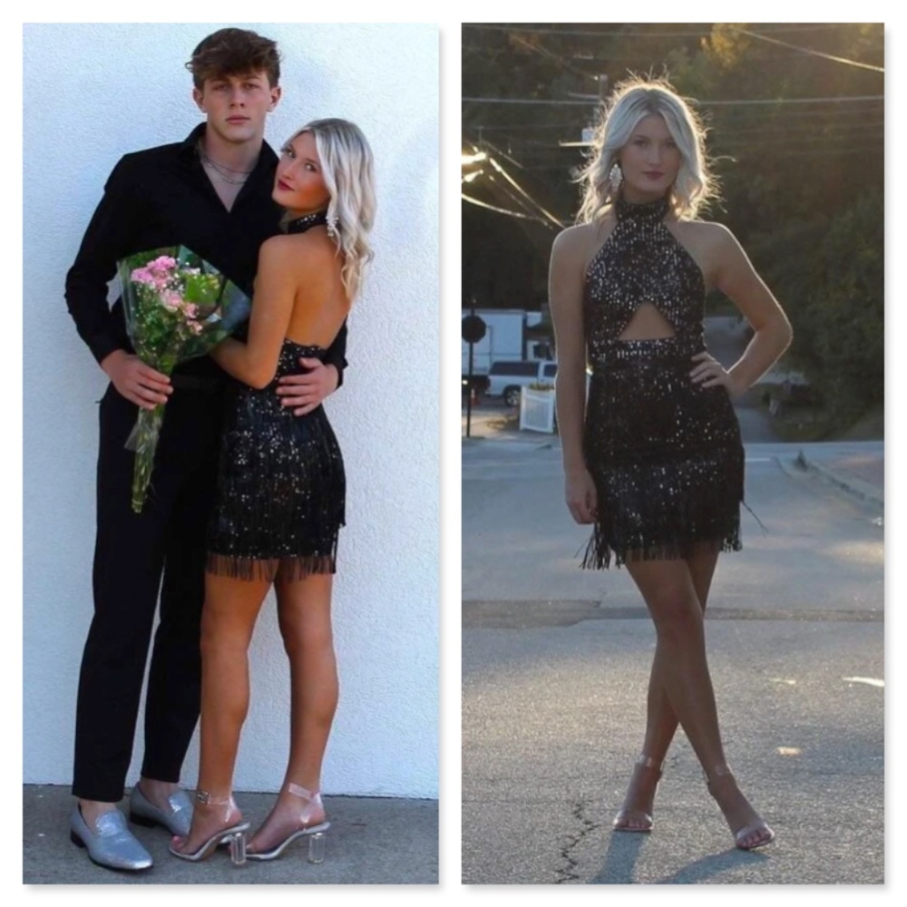 Black Sequined Tassel Cut Out Mini Short Dress Halter Neck - Picture 10 of 14